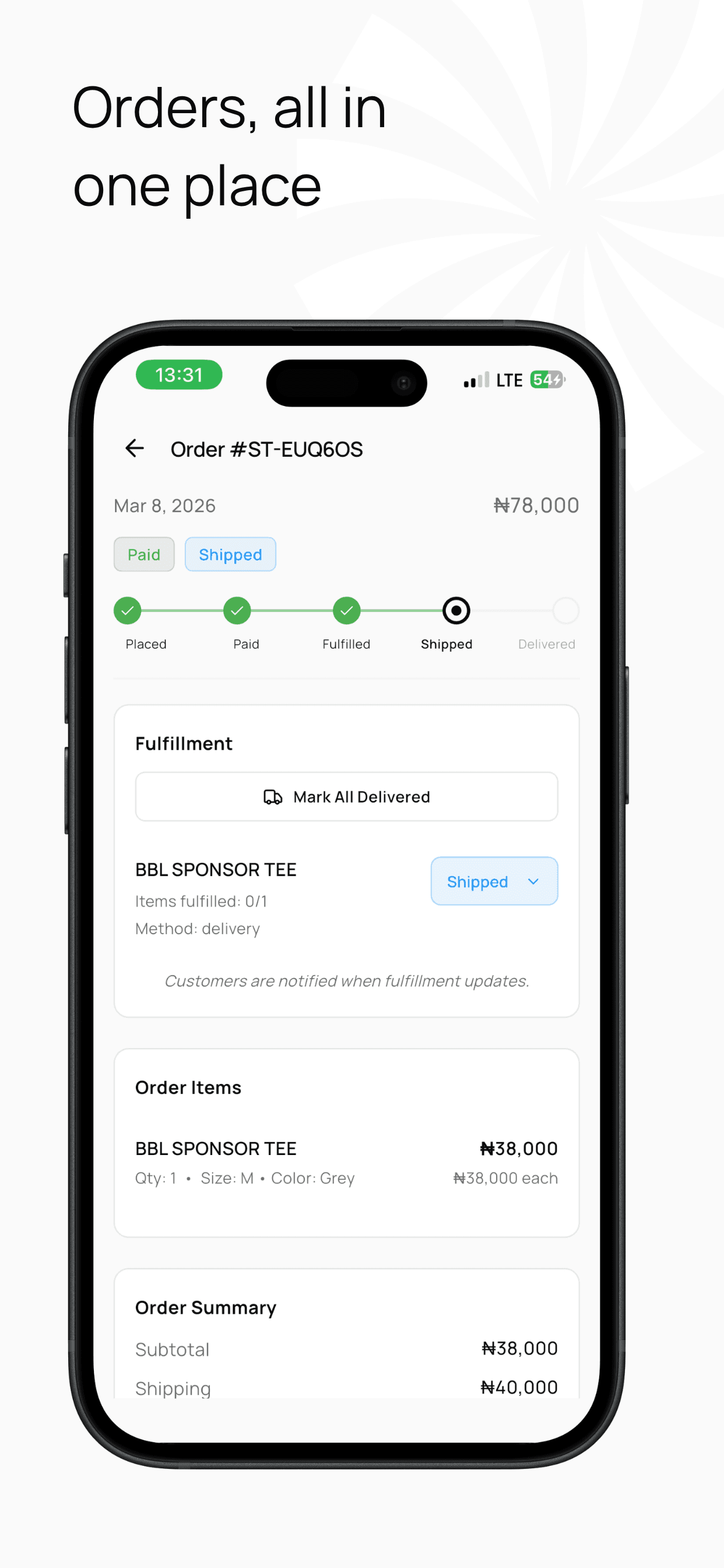 Orders, all in one place mobile screen